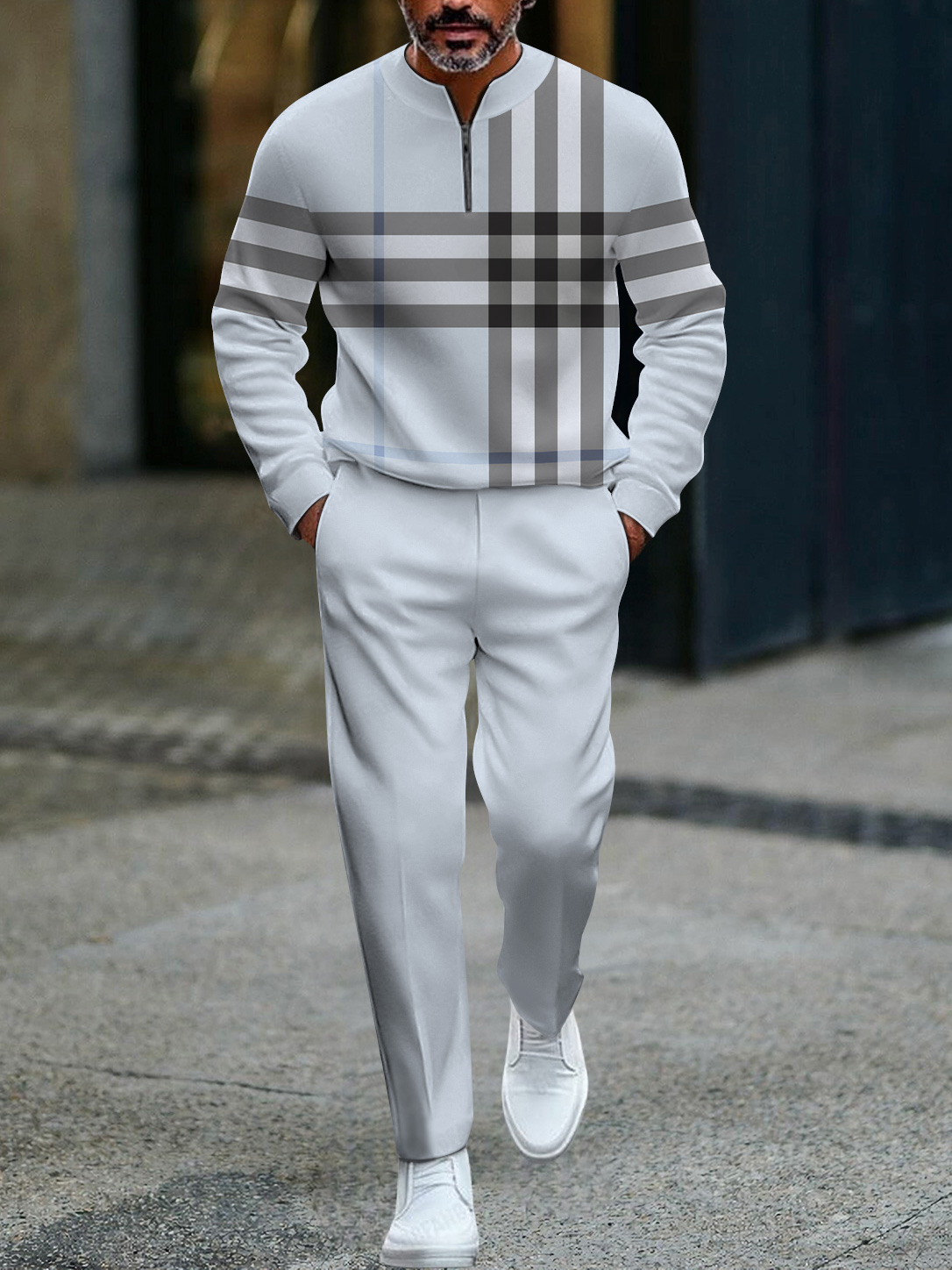 Men's fashion casual geometric print long sleeve zipper two-piece set