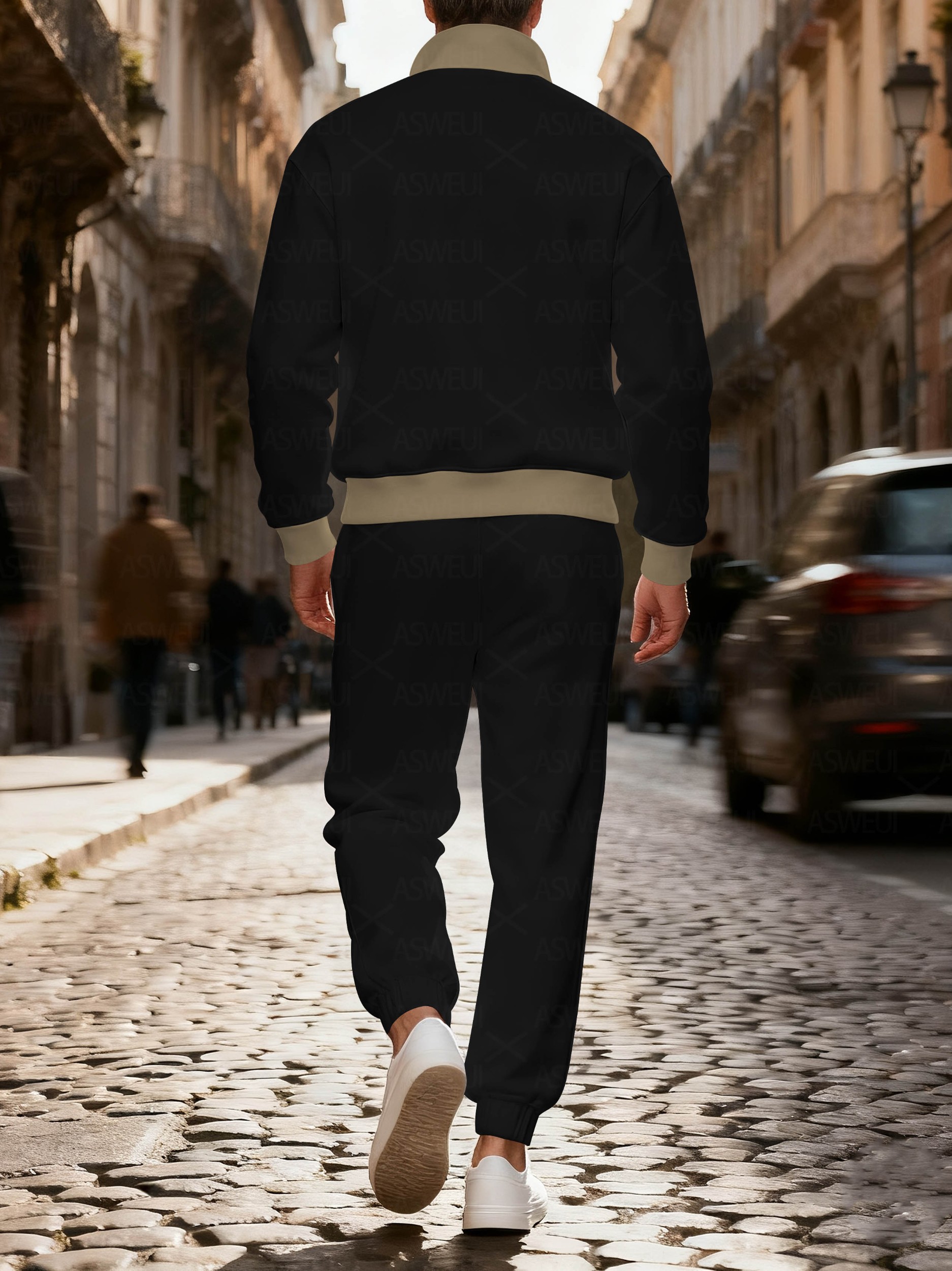 Men's fashionable casual black printed zipper long-sleeved two-piece set