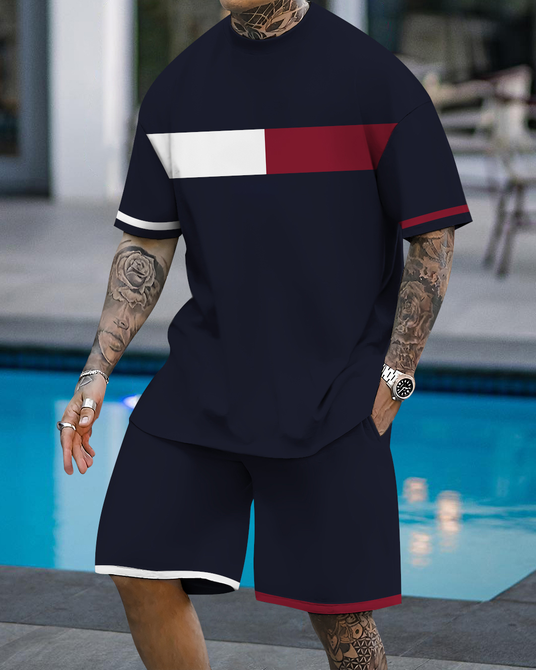 Men's fashion casual color matching printed short-sleeved two-piece se