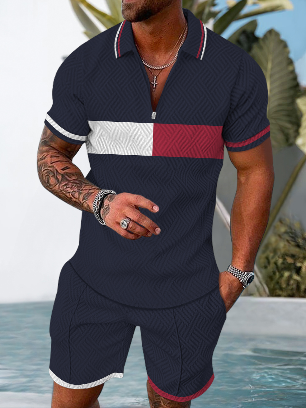 Men's fashion casual geometric print short sleeve polo two-piece set