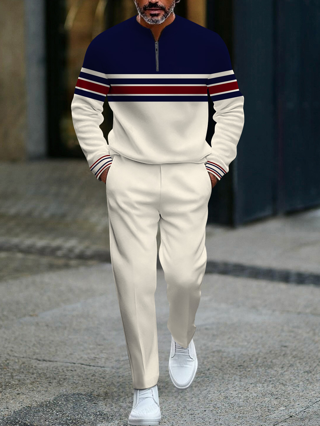 Men's fashion casual geometric print long sleeve zipper two-piece set