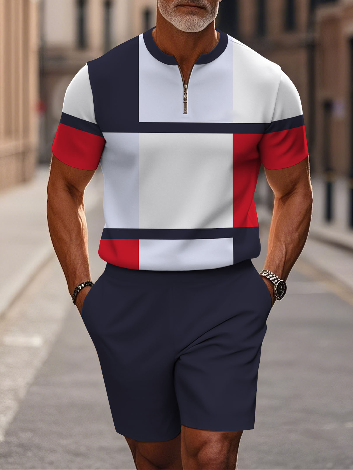 Men's fashion casual round-neck zipper geometric printed short-sleeved two-piece set