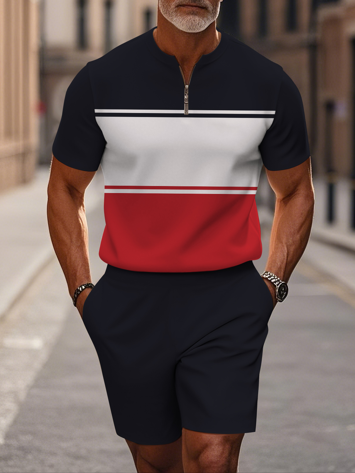 Men's fashion casual round-neck zipper geometric printed short-sleeved two-piece set