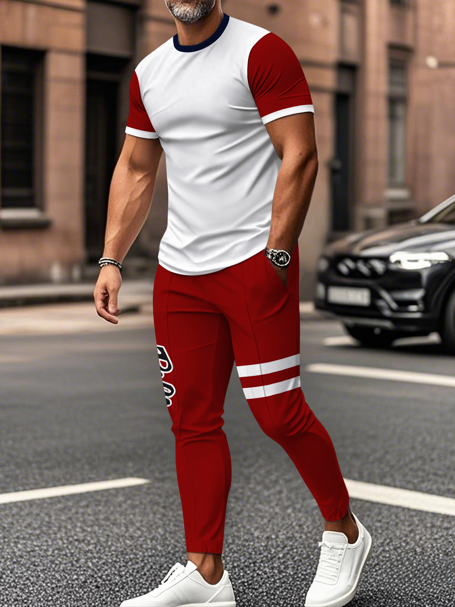Men's fashion casual color matching striped printed short sleeved trousers two-piece set