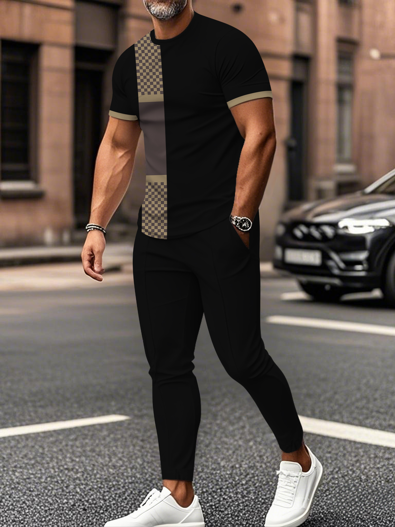 Men's fashion casual color matching striped printed short sleeved trousers two-piece set