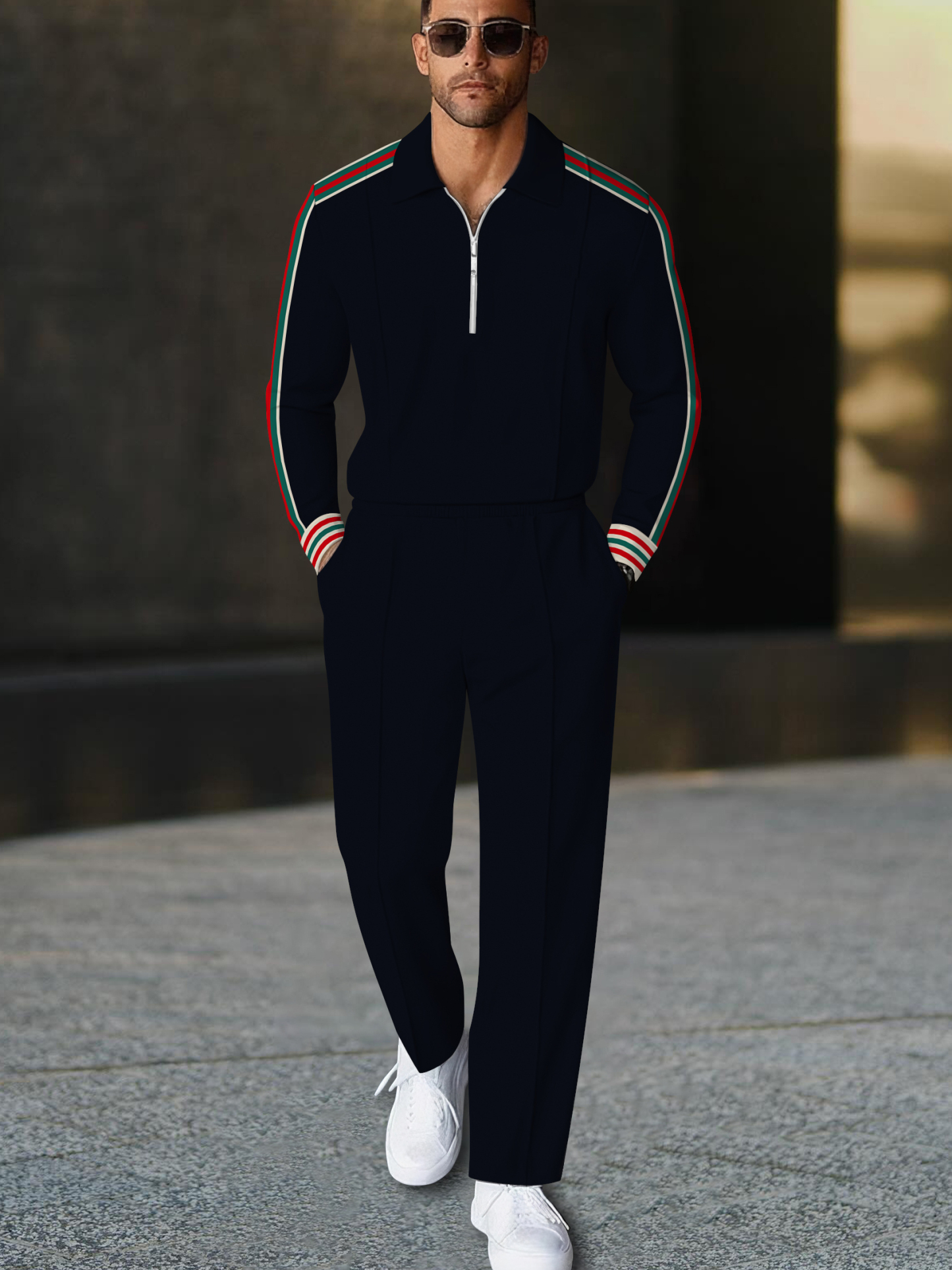 Men's fashion casual geometric print long sleeve zipper polo two-piece set