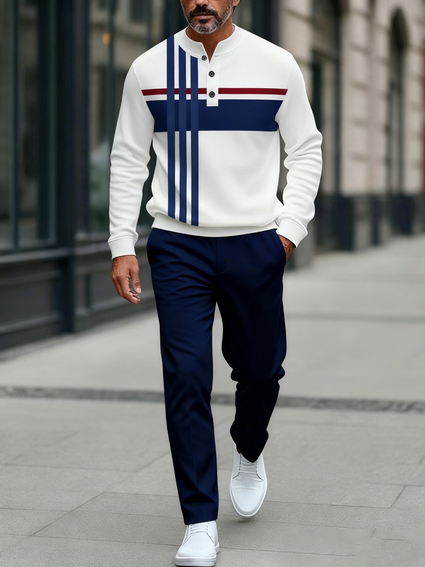 Men's fashion casual geometric print long sleeve zipper two-piece set