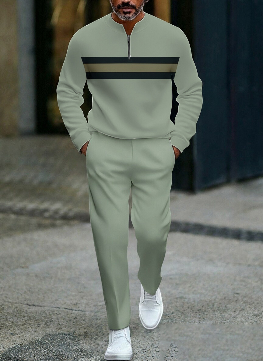 Men's fashion casual geometric print long sleeve zipper two-piece set