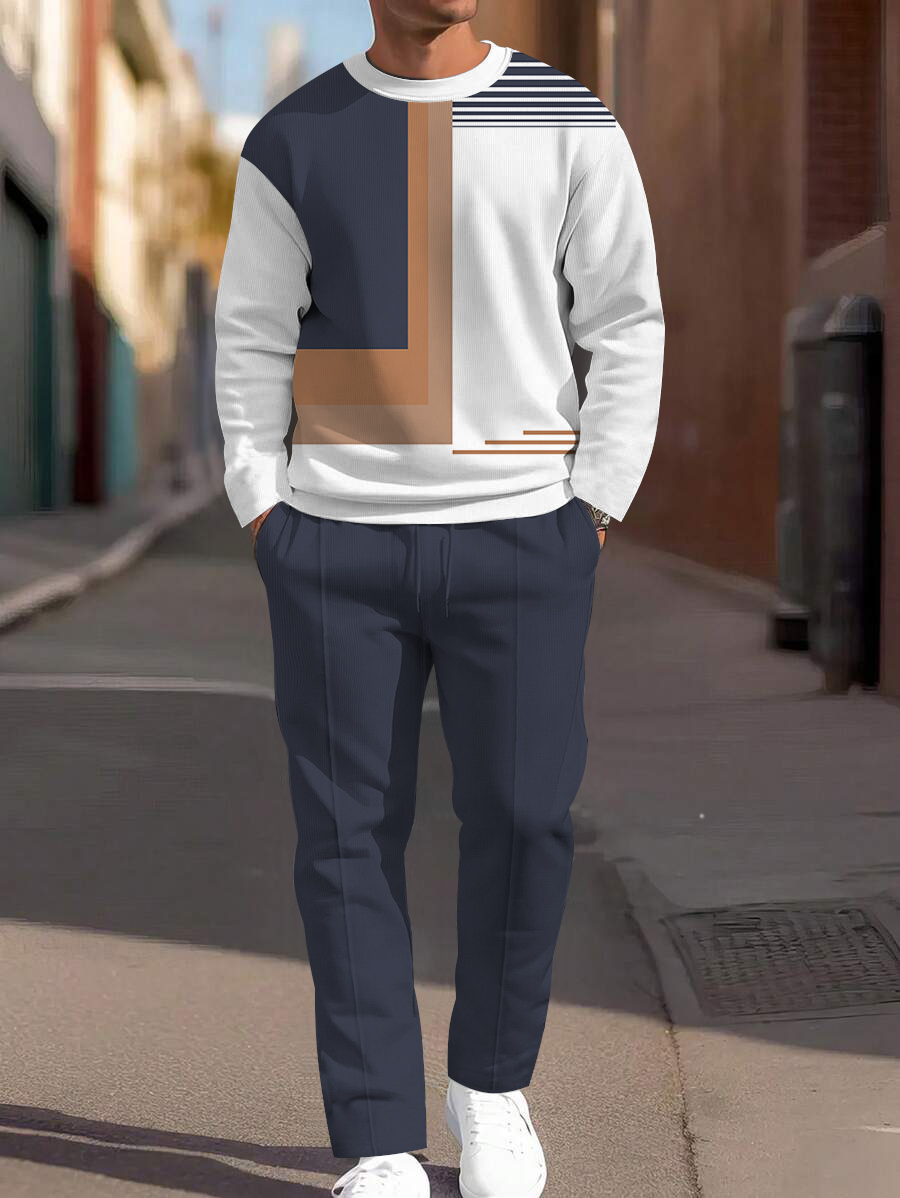 Men's fashion casual geometric printed hoodie two-piece set