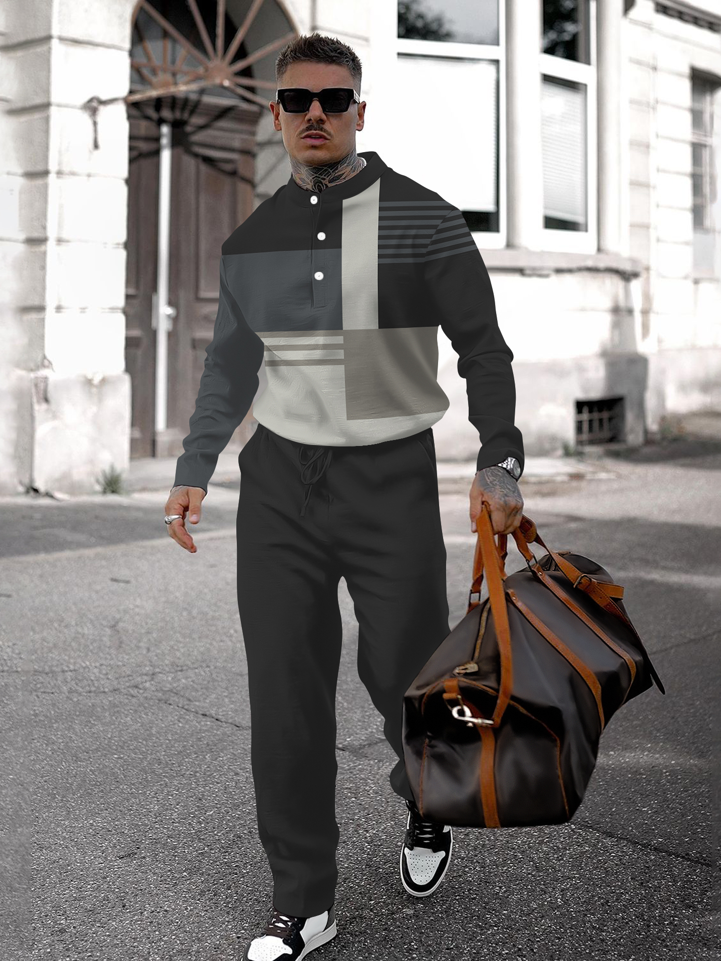 Men's fashion casual geometric print long sleeve two-piece set