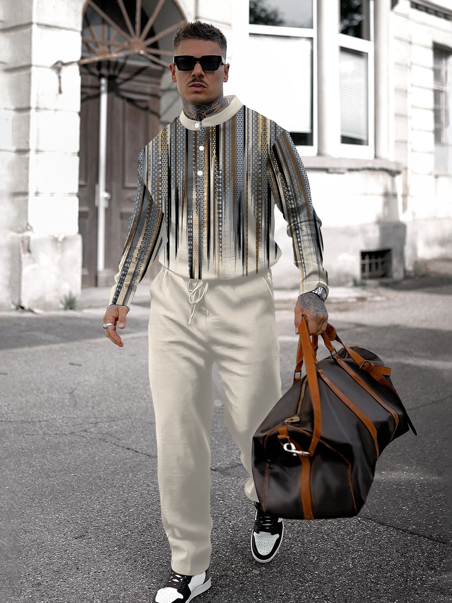 Men's fashion casual geometric print long sleeve two-piece set