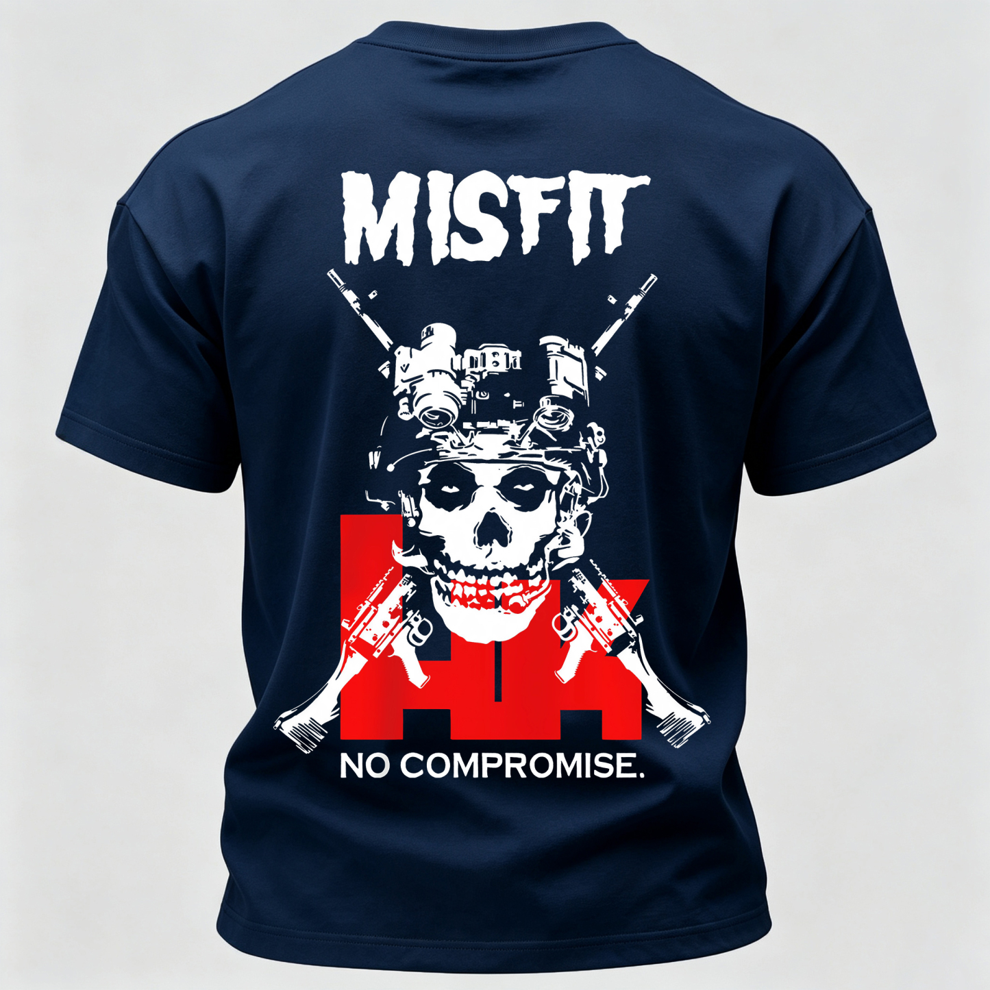 Men’s MISFIT No Compromise Tactical Skull Helmet NVG Rifle Graphic Tee Back Print T Shirt