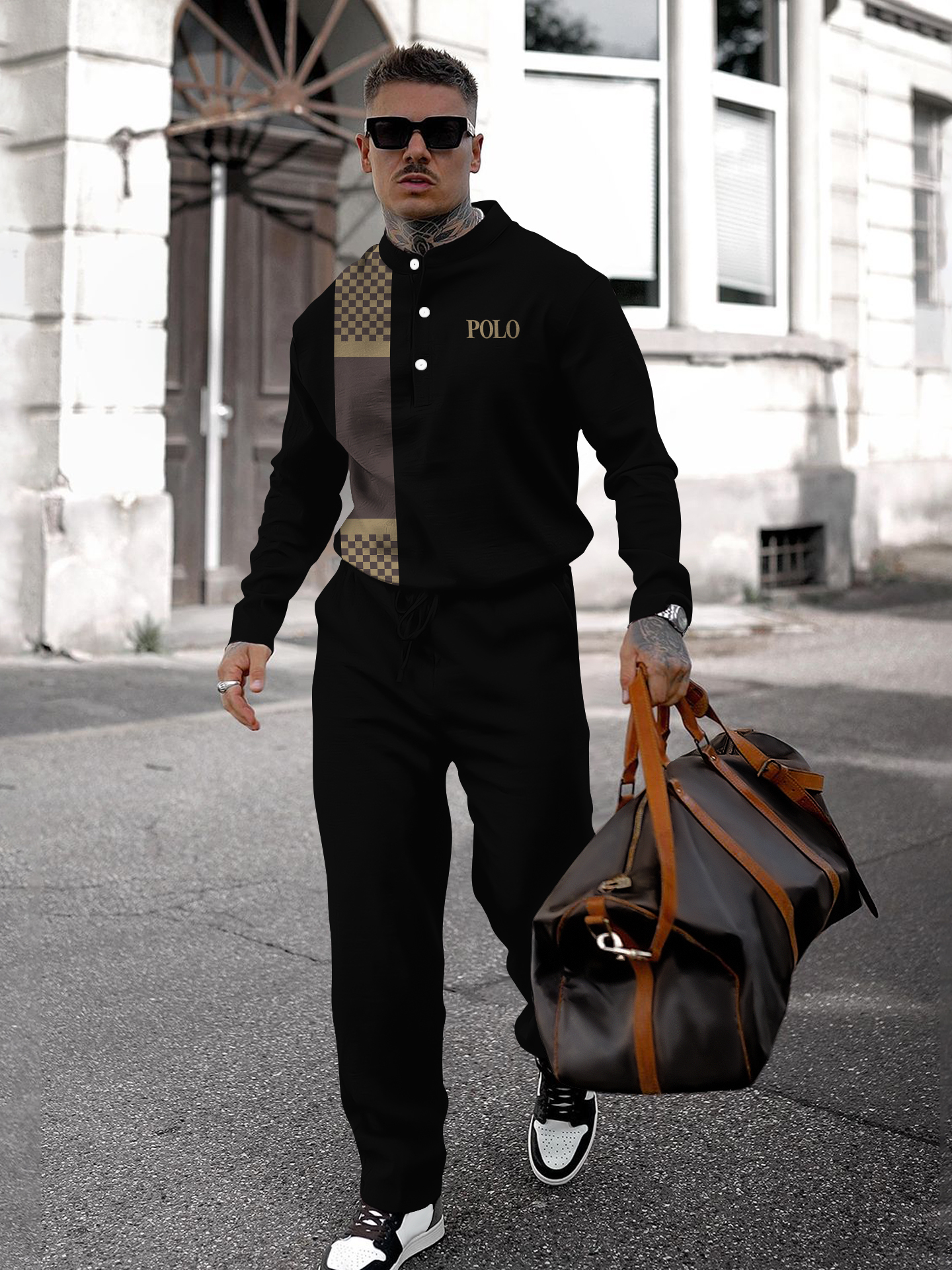 Men's fashion casual geometric print long sleeve two-piece set