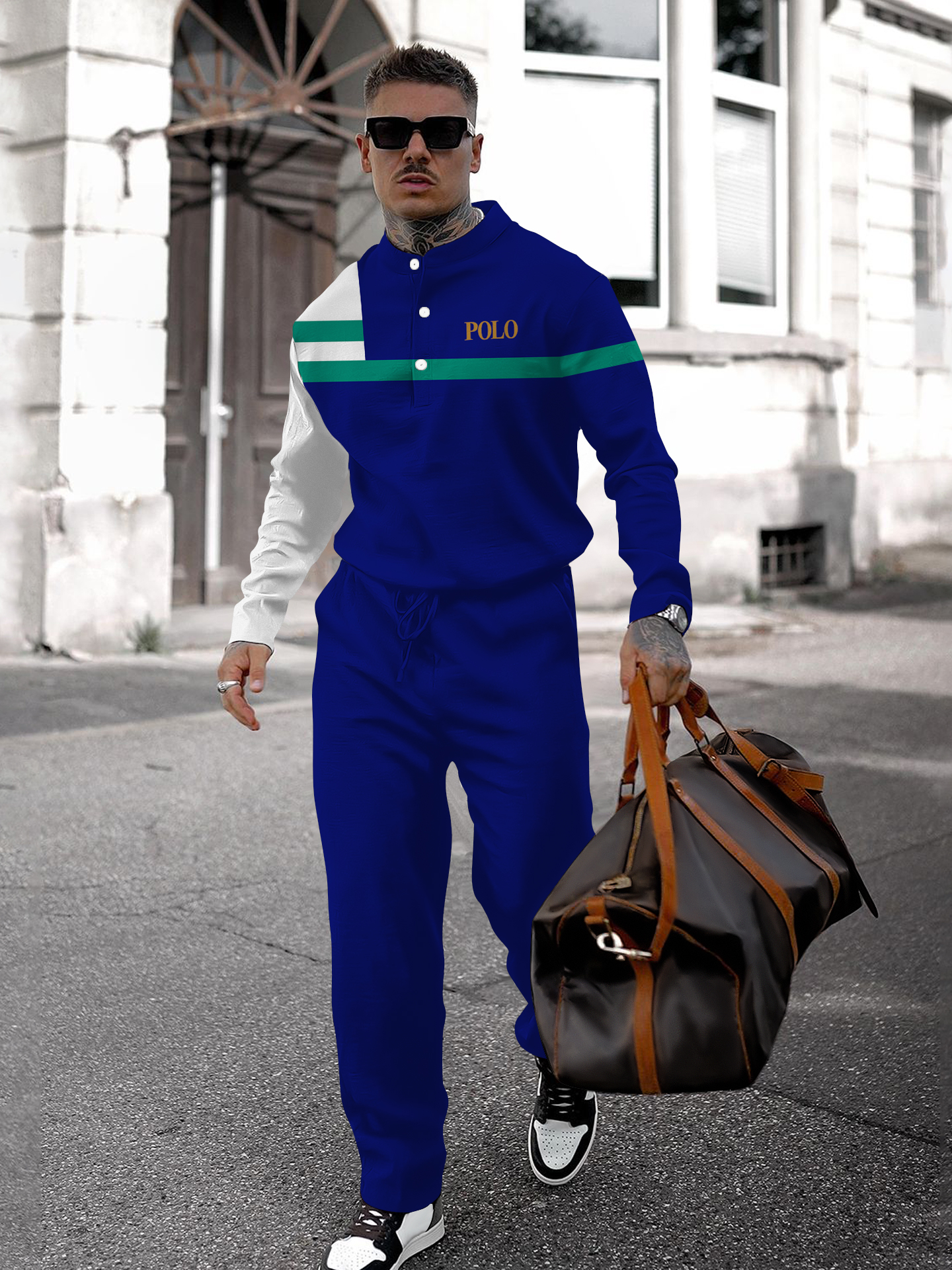 Men's fashion casual geometric print long sleeve two-piece set