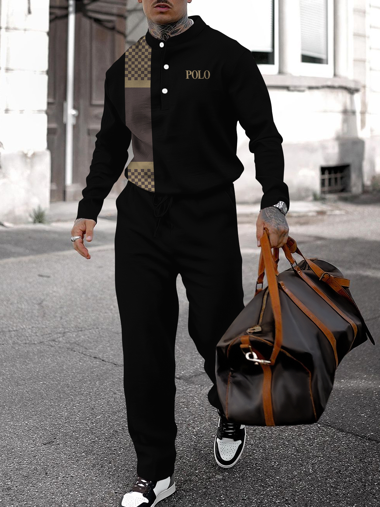 Men's fashion casual geometric print long sleeve two-piece set