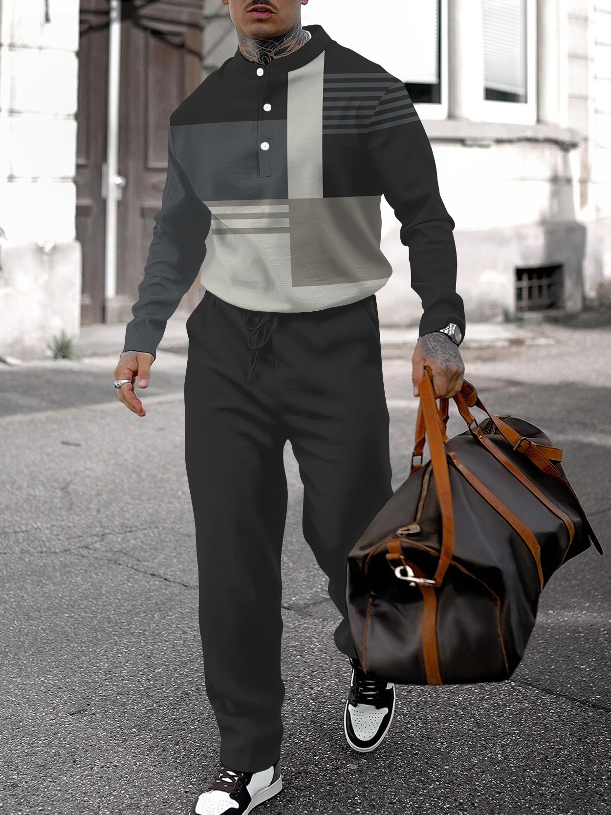 Men's fashion casual geometric print long sleeve two-piece set