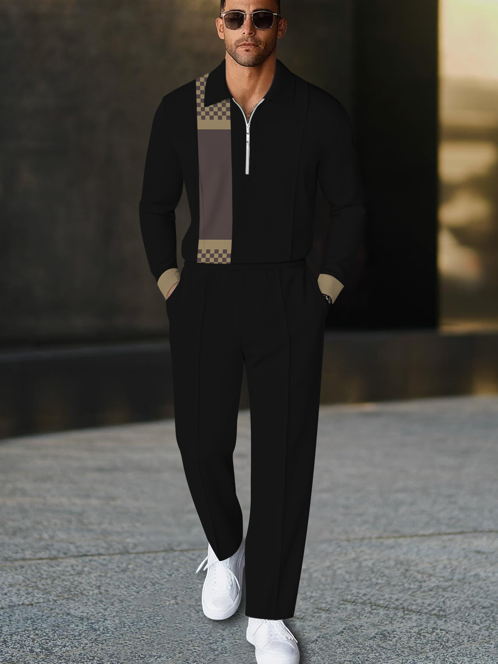 Men's fashion casual geometric print long sleeve zipper polo two-piece set