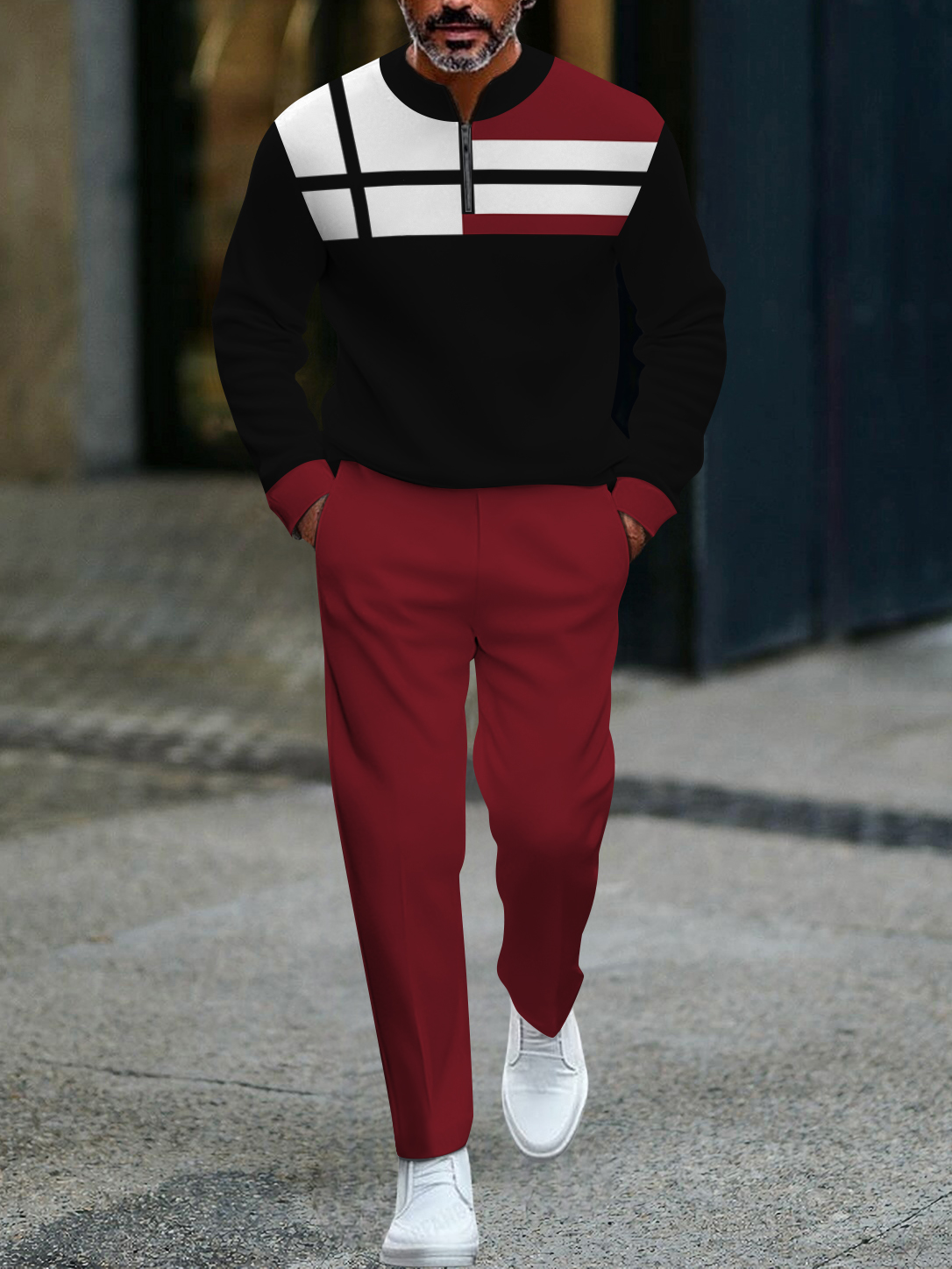 Men's fashion casual geometric print long sleeve zipper two-piece set