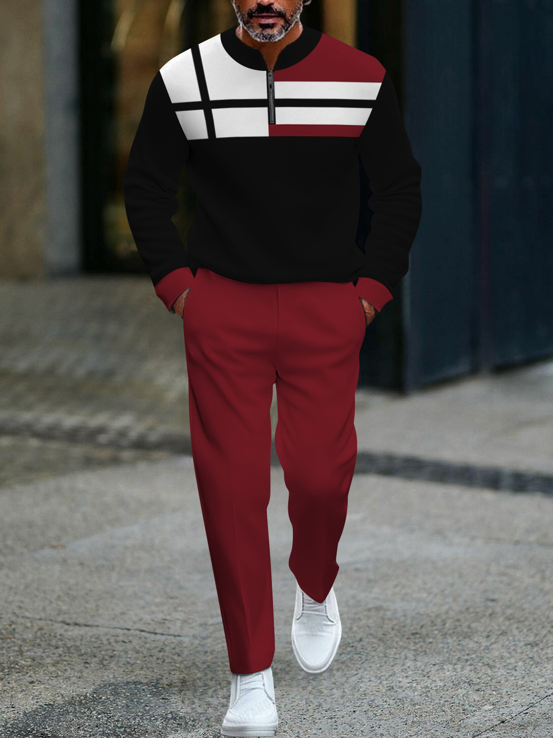 Men's fashion casual geometric print long sleeve zipper two-piece set