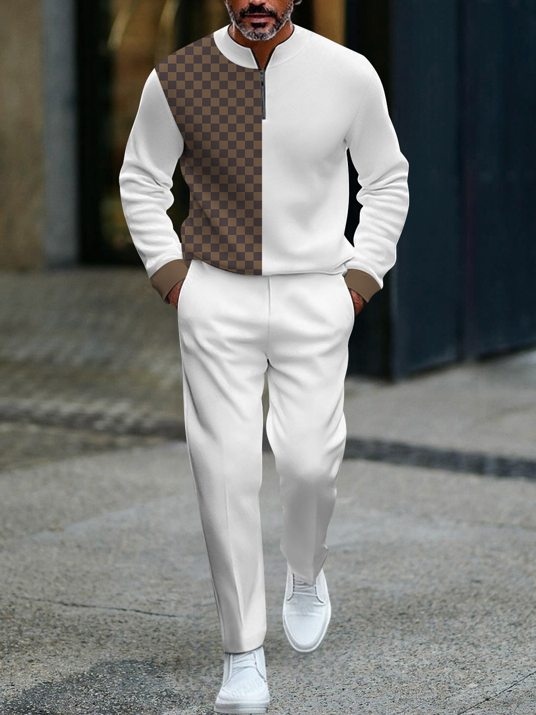 Men's fashion casual geometric print long sleeve zipper two-piece set