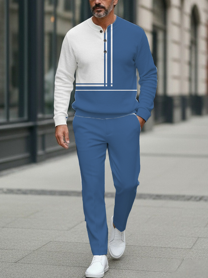 Men's fashion casual geometric print long sleeve zipper two-piece set