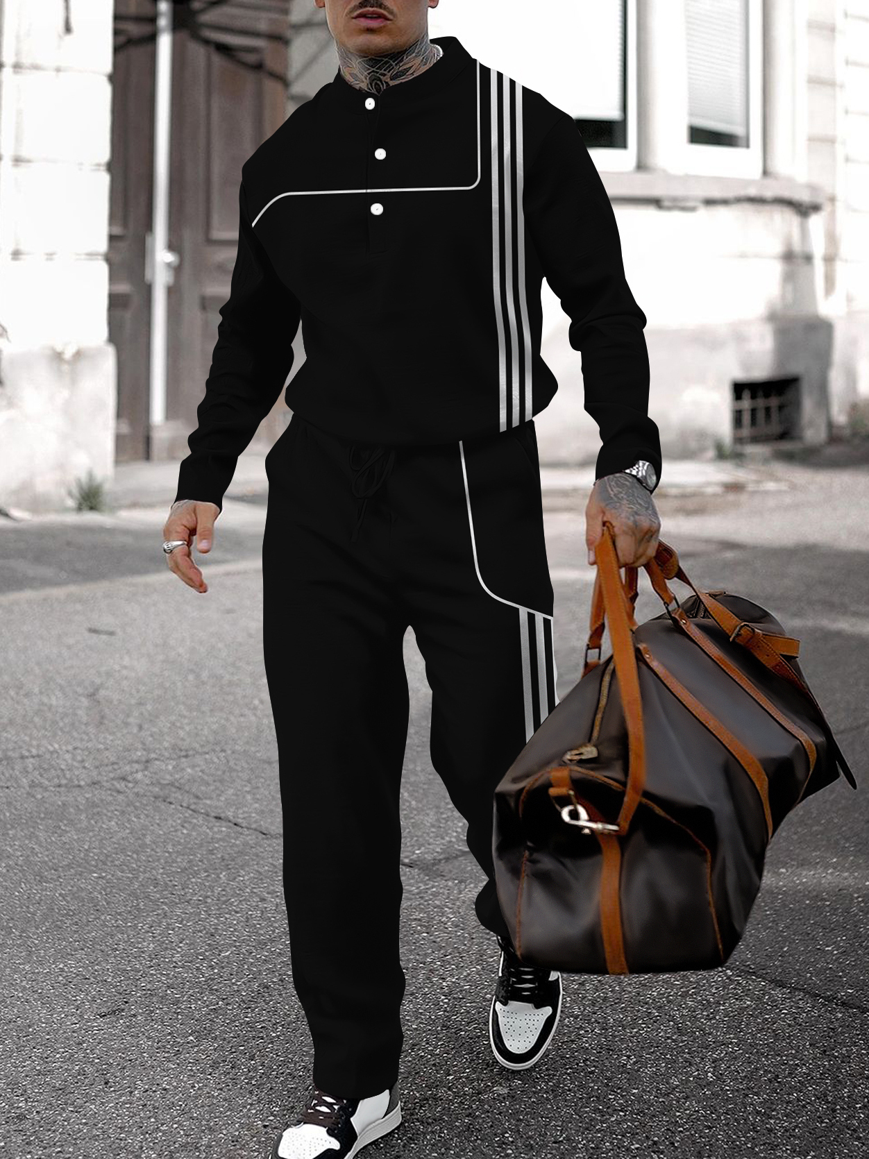 Men's fashion casual geometric print long sleeve two-piece set