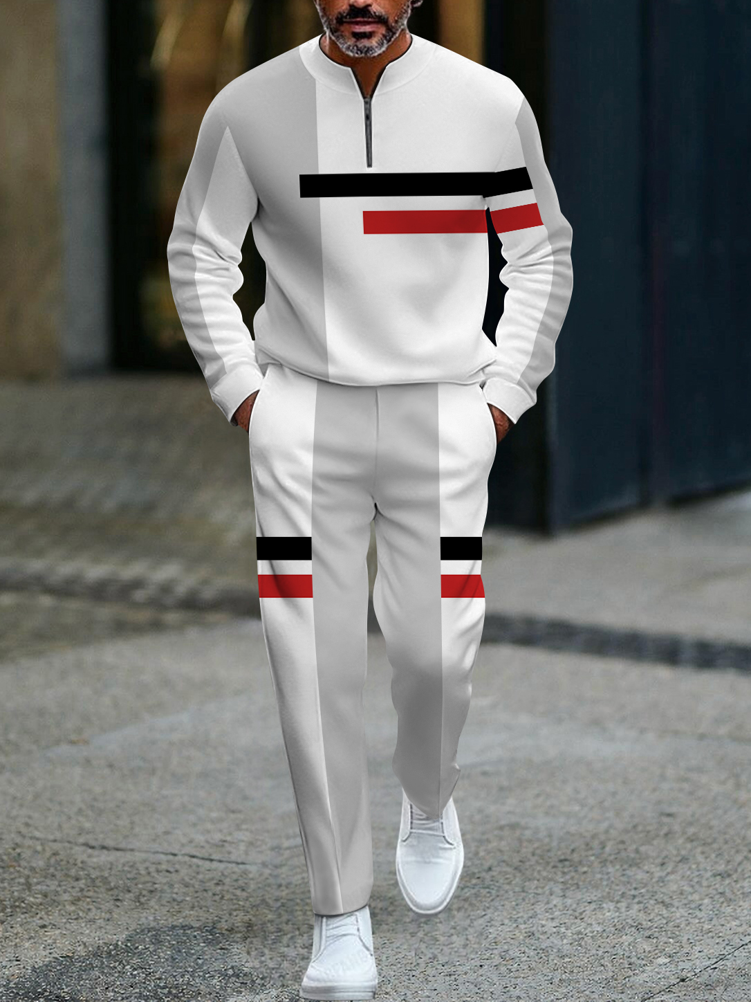 Men's fashion casual geometric print long sleeve zipper two-piece set