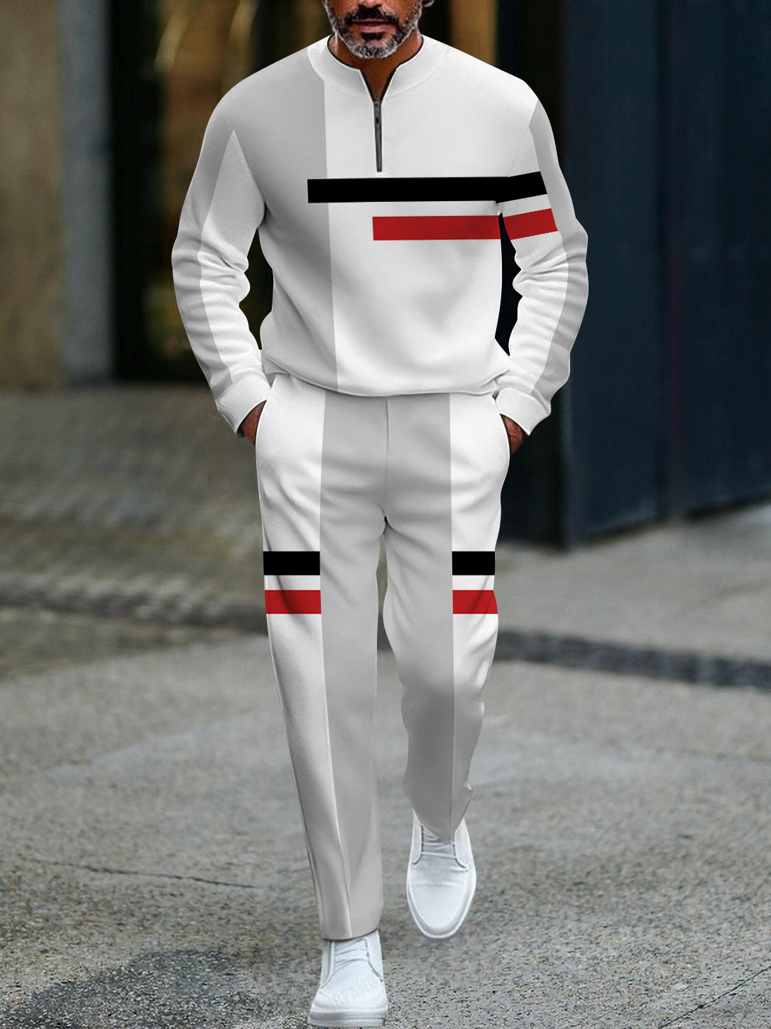 Men's fashion casual geometric print long sleeve zipper two-piece set