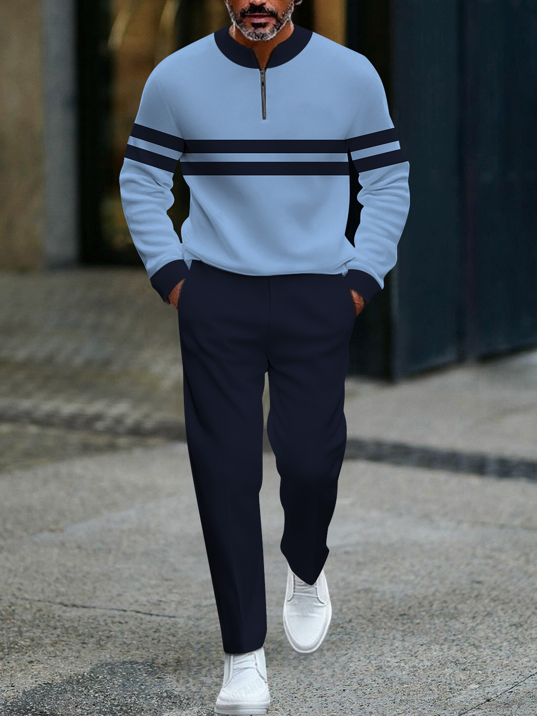 Men's fashion casual geometric print long sleeve zipper two-piece set