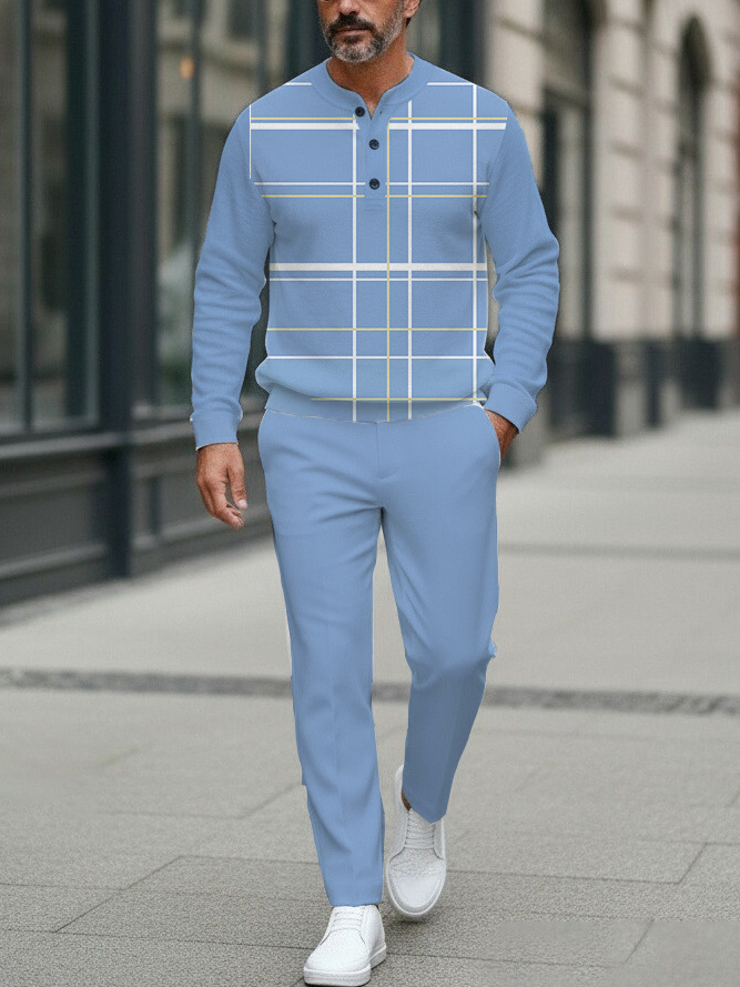 Men's fashion casual geometric print long sleeve zipper two-piece set