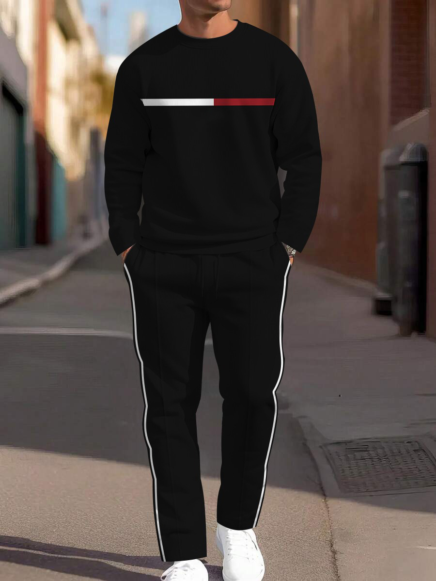 Men's fashion casual geometric printed hoodie two-piece set