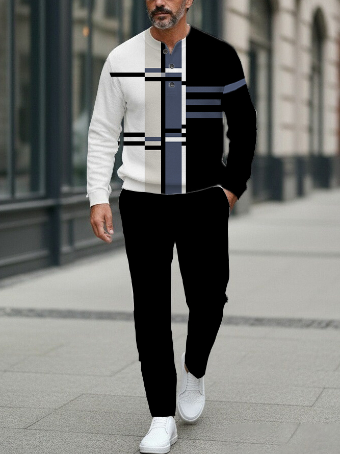 Men's Fashion Casual Geometric Print Long Sleeve Button Design Two-Piece Set