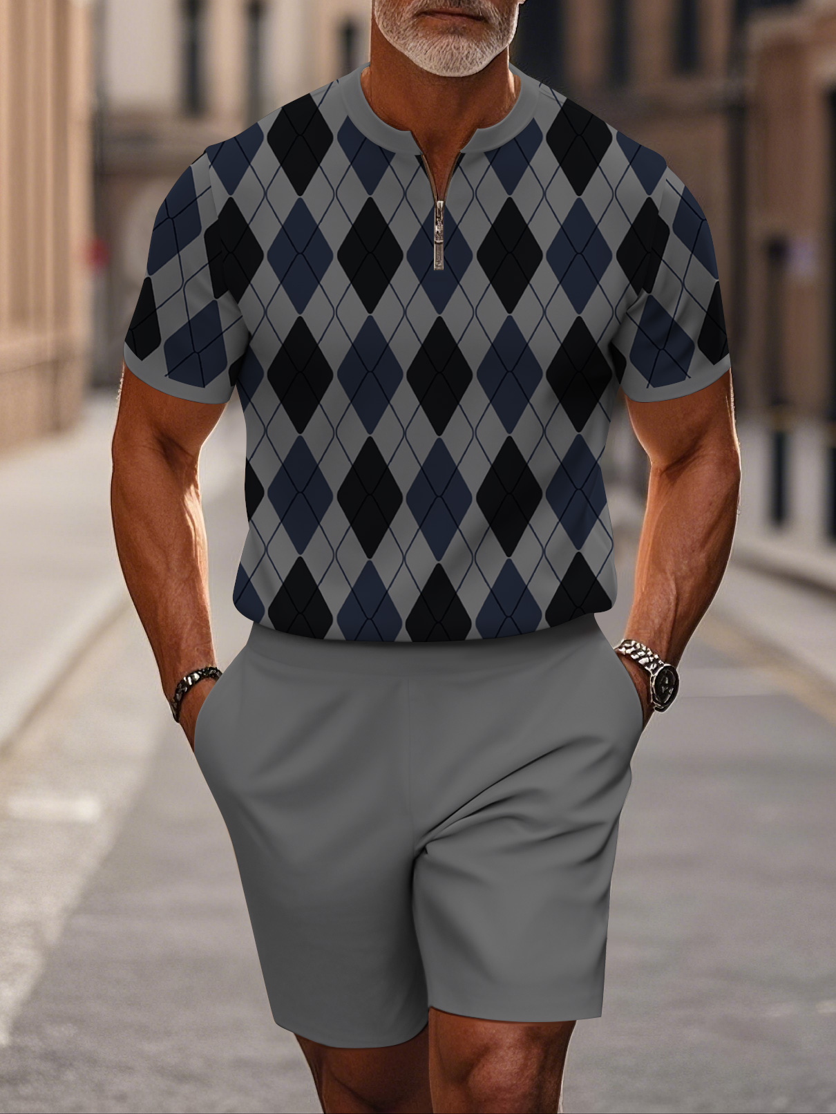 Men's fashion casual round-neck zipper geometric printed short-sleeved two-piece set