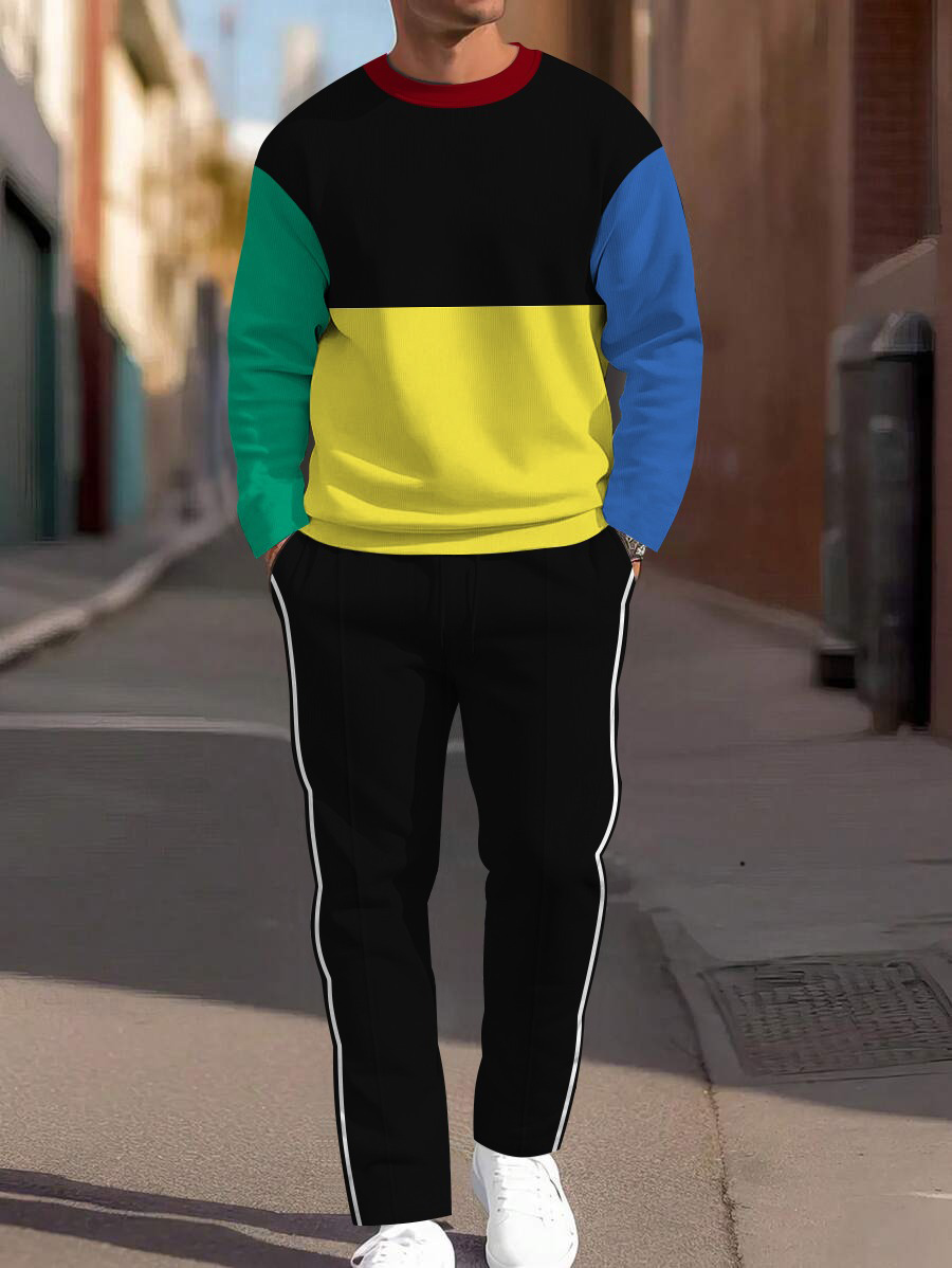 Men's fashion casual geometric printed hoodie two-piece set