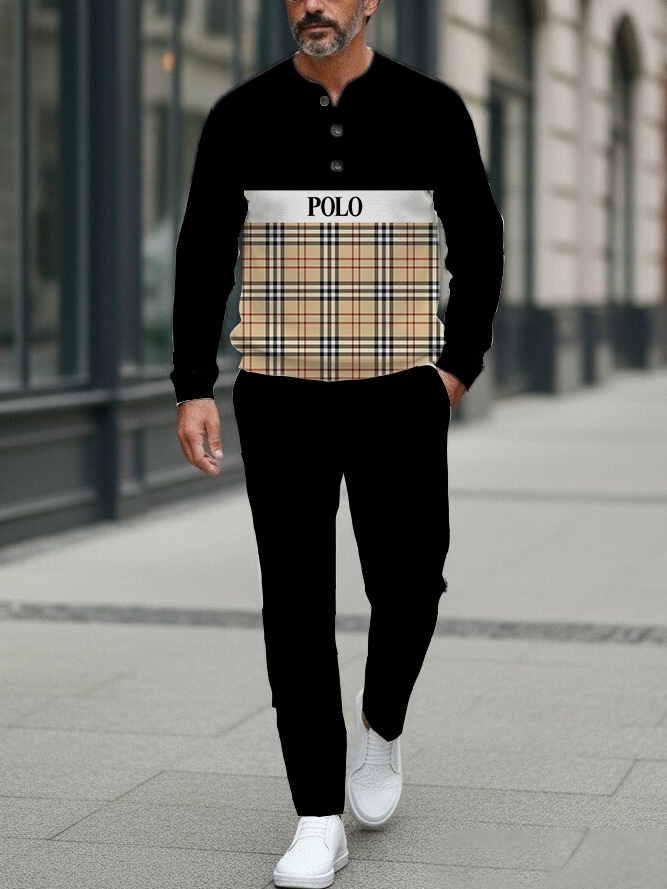 Men's Fashion Casual Geometric Print Long Sleeve Button Design Two-Piece Set