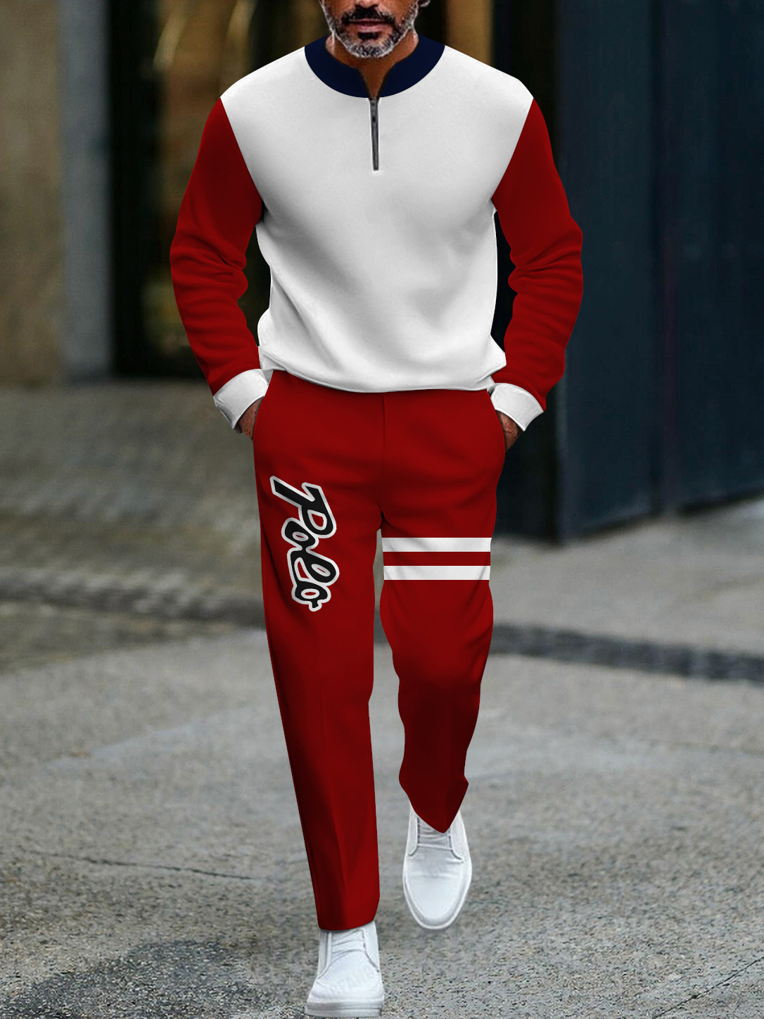 Men's fashion casual geometric print long sleeve zipper two-piece set