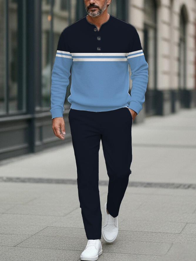 Men's fashion casual geometric print long sleeve zipper two-piece set