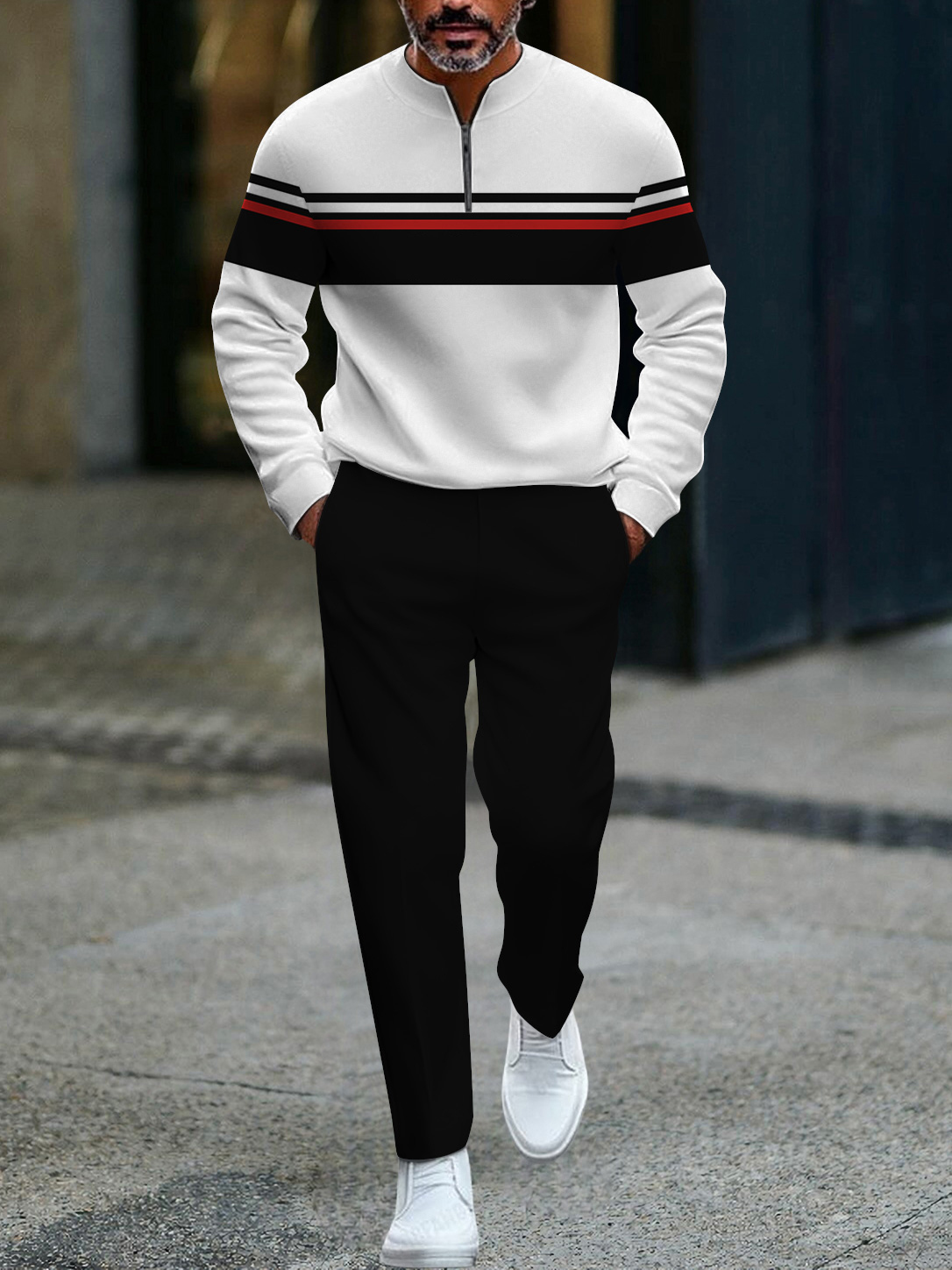 Men's fashion casual geometric print long sleeve zipper two-piece set