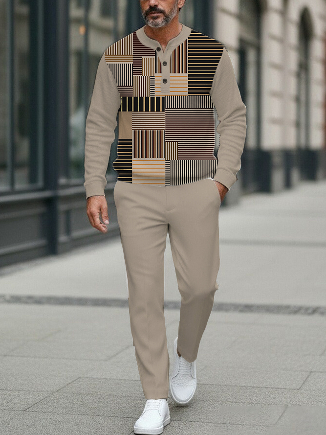 Men's fashion casual geometric print long sleeve zipper two-piece set