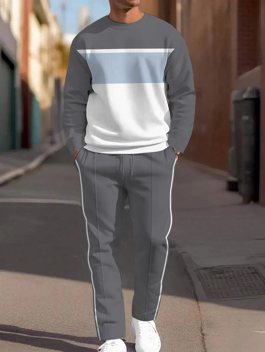 Men's fashion casual geometric printed hoodie two-piece set