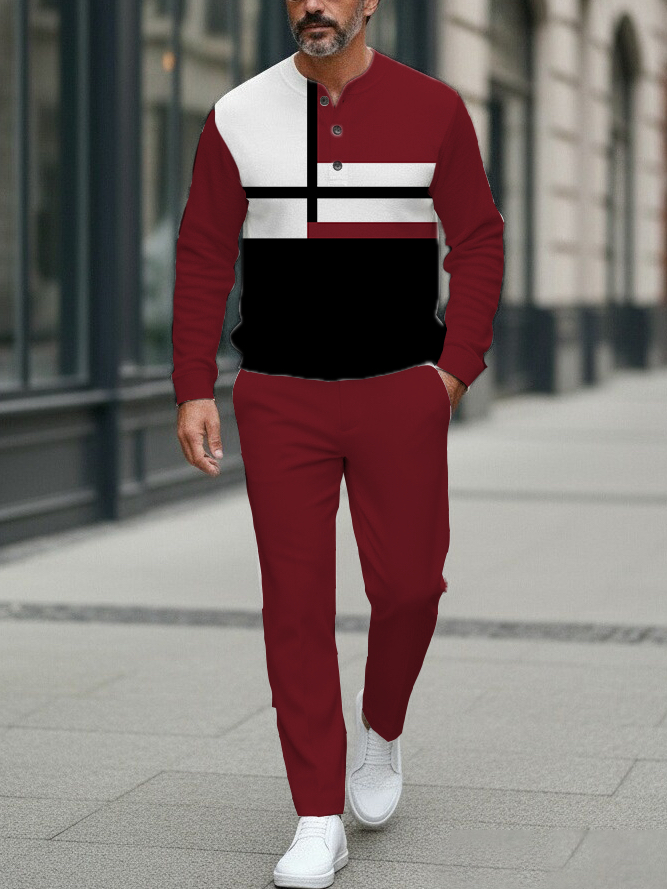 Men's fashion casual geometric print long sleeve zipper two-piece set