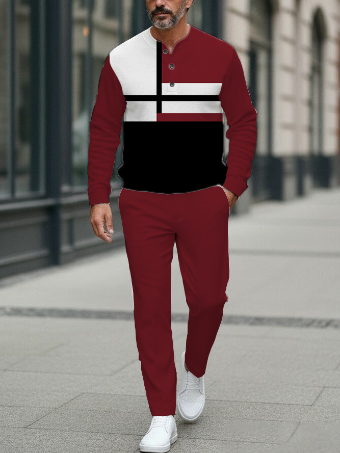 Men's fashion casual geometric print long sleeve zipper two-piece set