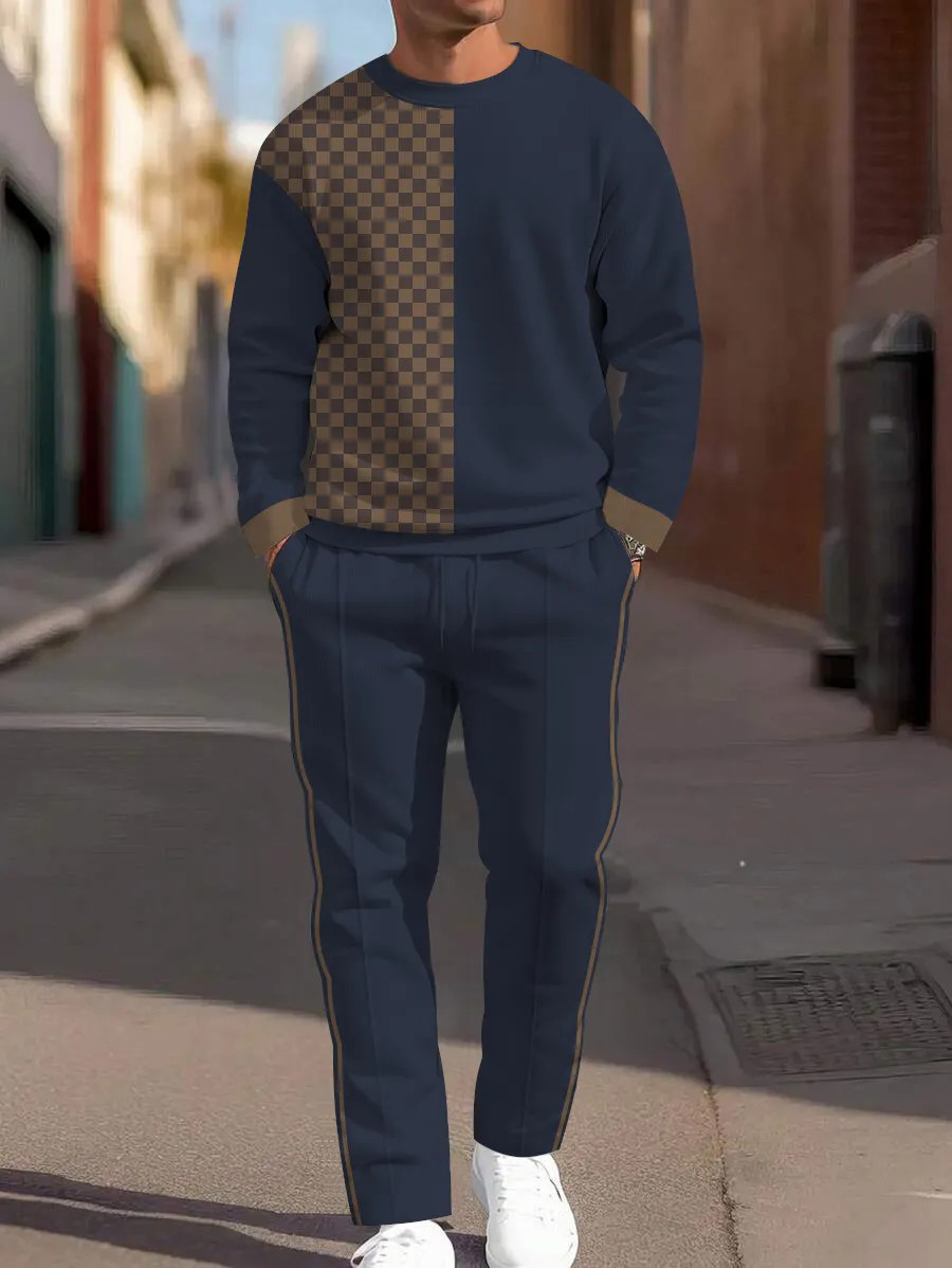 Men's fashion casual geometric printed hoodie two-piece set