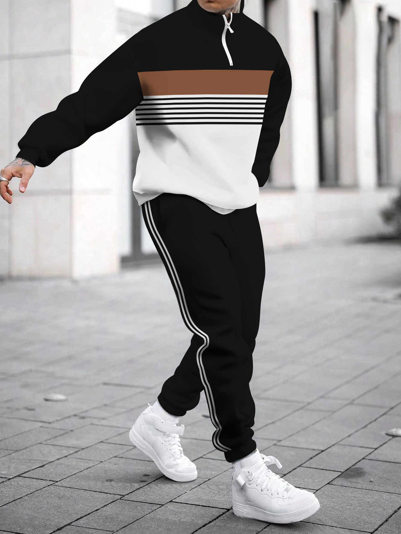 Men's fashion casual color match print long sleeve two piece set