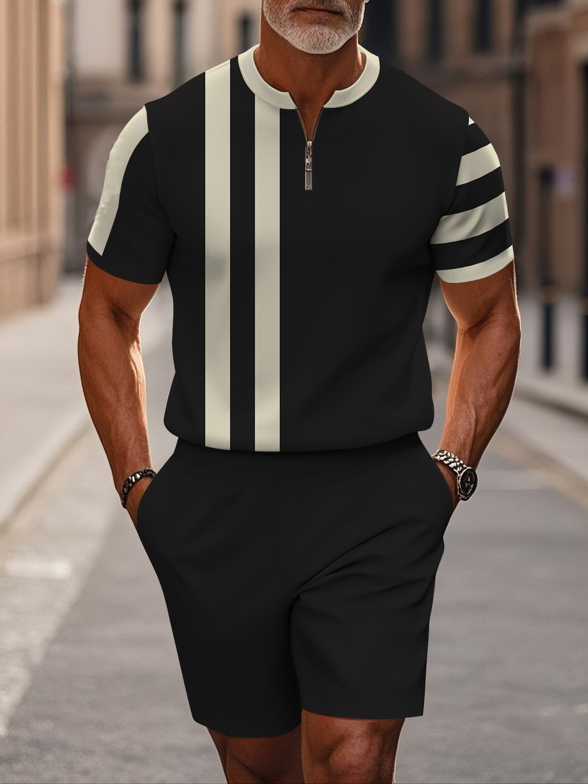 Men's fashion casual round-neck zipper geometric printed short-sleeved two-piece set