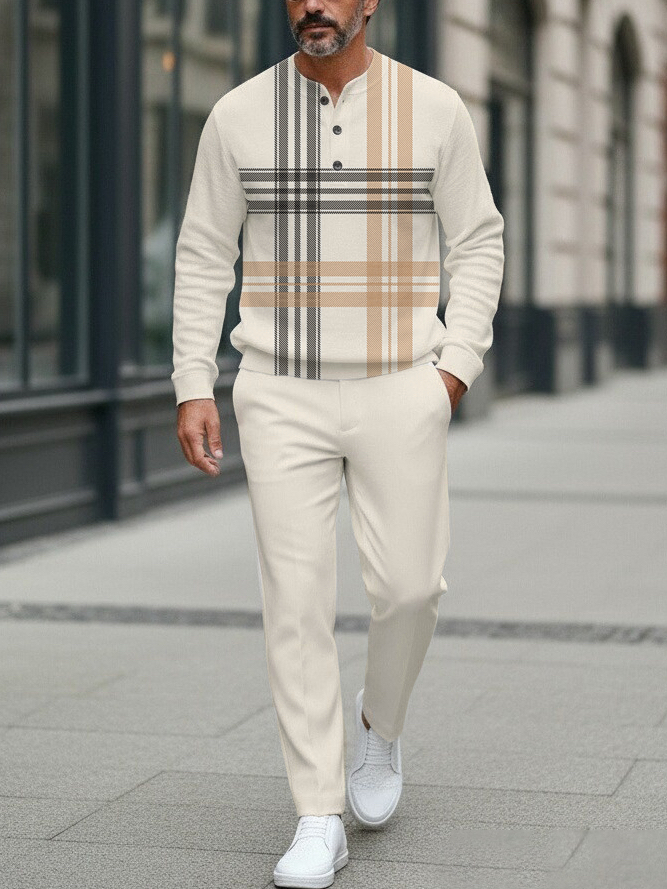 Men's fashion casual geometric print long sleeve zipper two-piece set