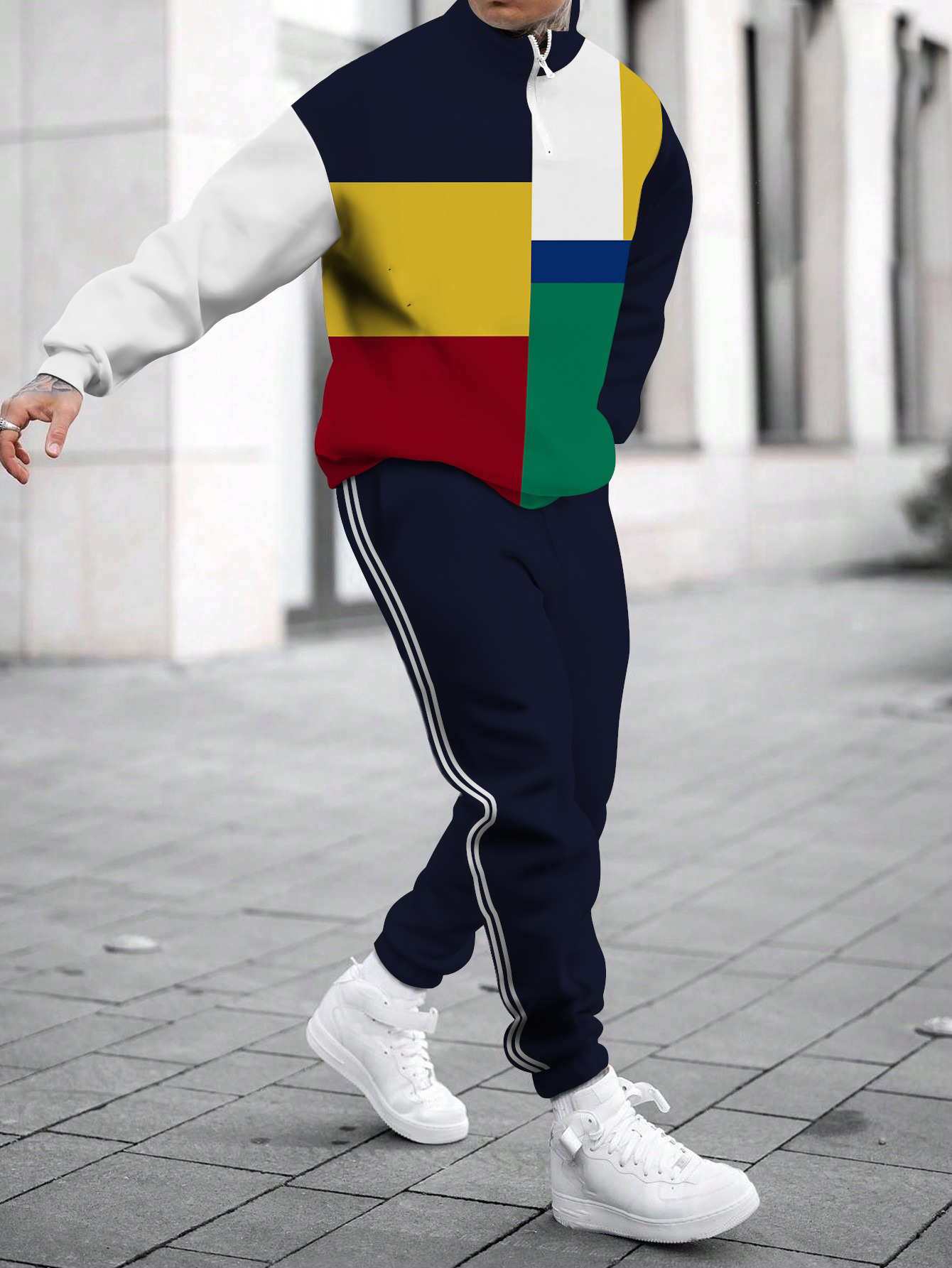 Men's fashion casual color match print long sleeve two piece set