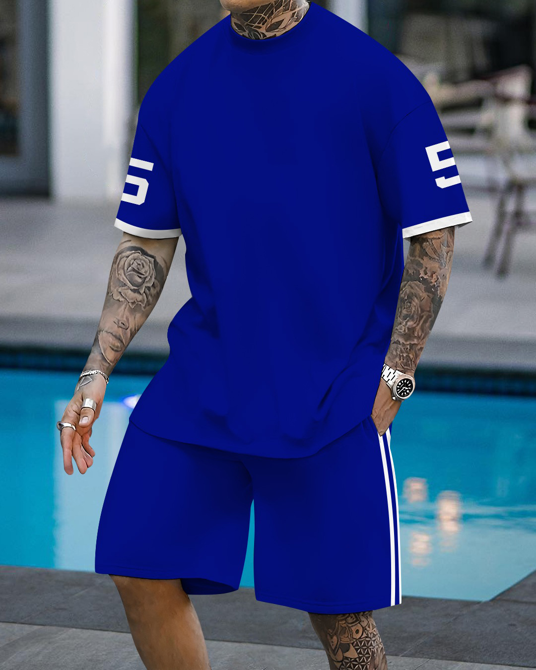 Men's fashion casual color matching printed short-sleeved two-piece set