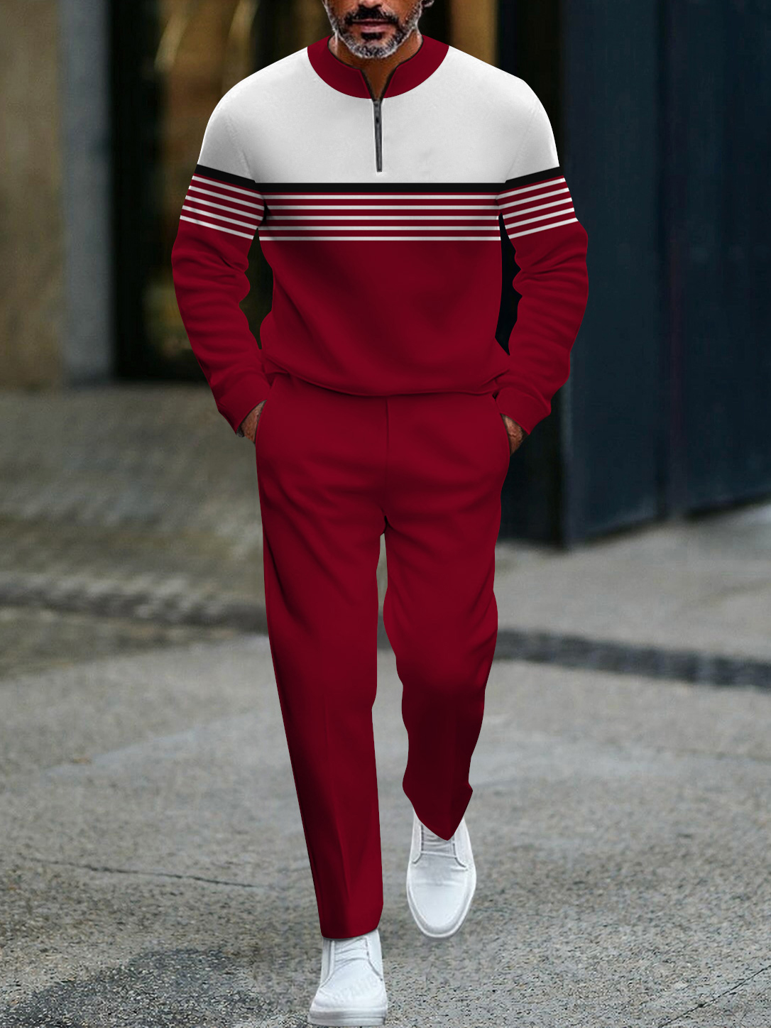 Men's fashion casual geometric print long sleeve zipper two-piece set