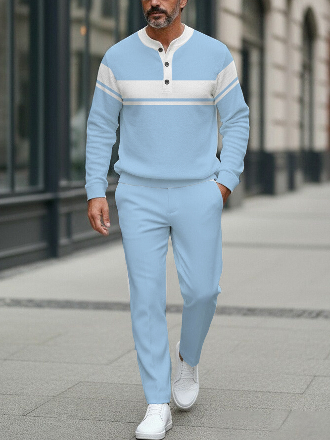 Men's Fashion Casual Geometric Print Long Sleeve Button Design Two-Piece Set